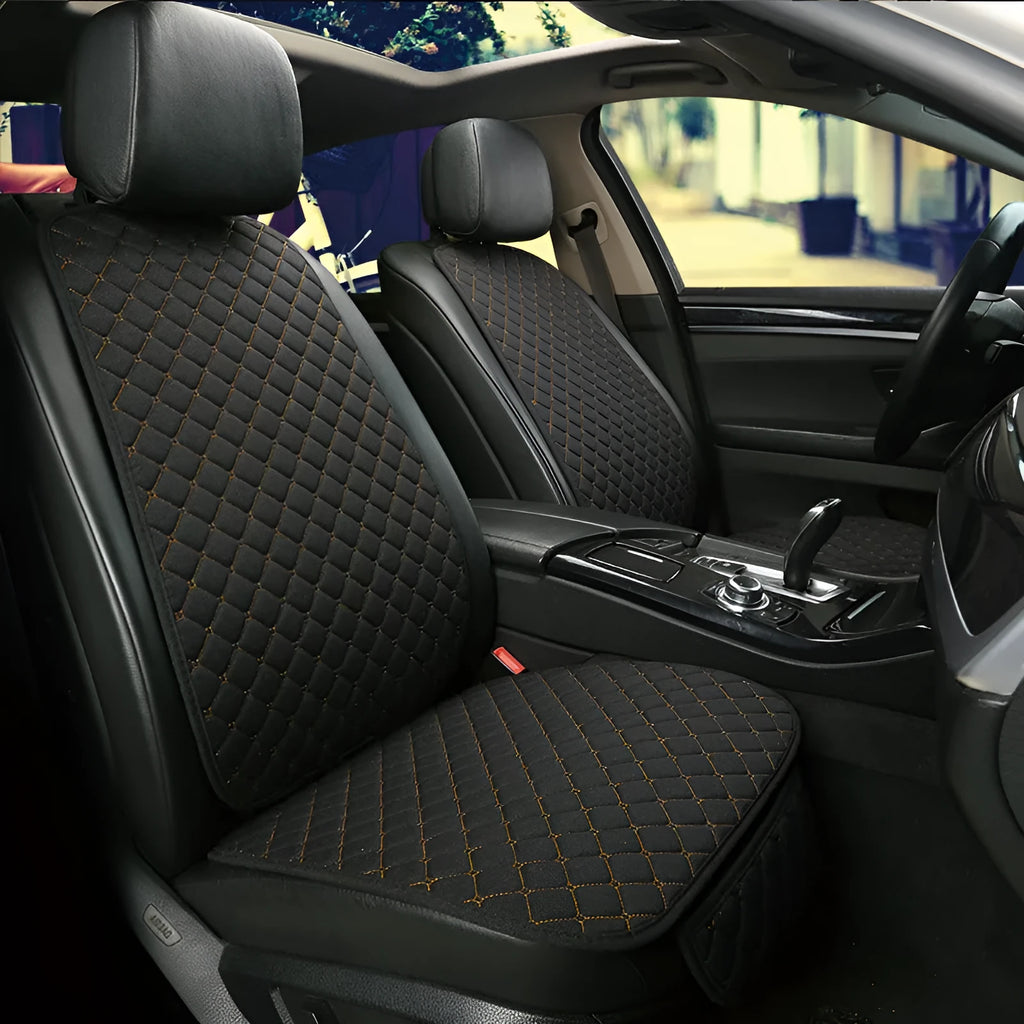Linen car seat cushion with removable elastic straps shown in multiple colour options including warm cream, coffee, and Lafite red