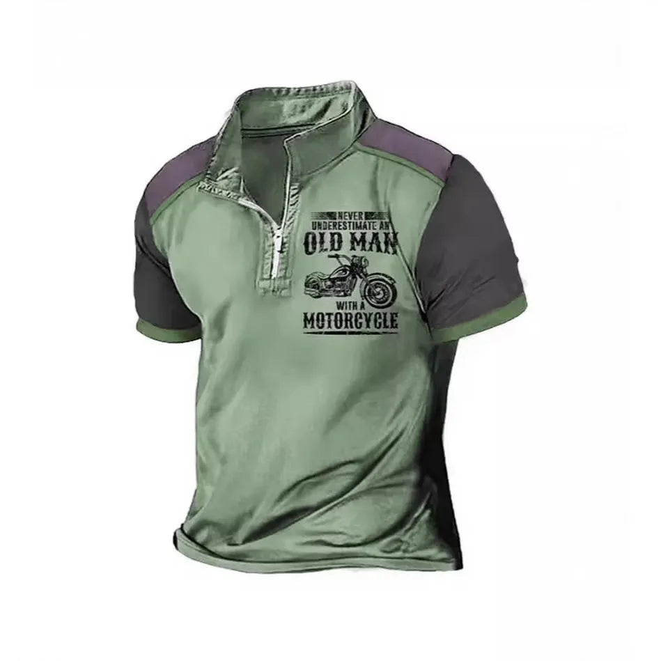 Men's casual polo shirt with digital letter printing, lapel collar, short sleeves, and decorative zippers