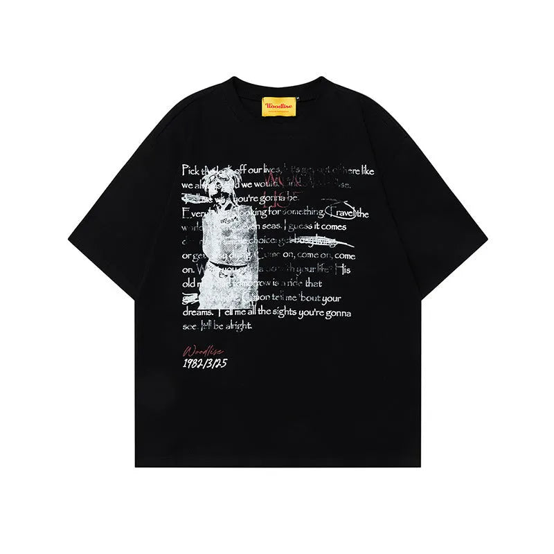 Men's black cotton t-shirt with white printed letters and raglan sleeves in loose fit