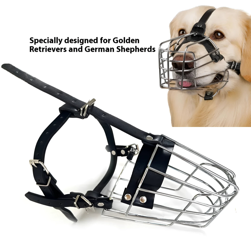 Black metal dog muzzle designed for Golden Retrievers and German Shepherds