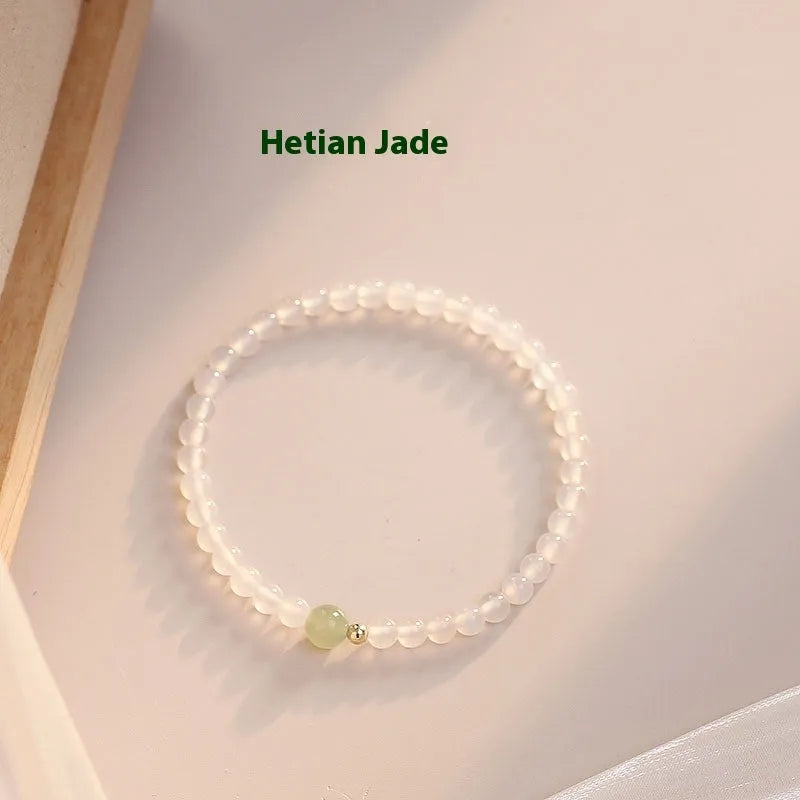 Natural Hetian jade white agate women's bracelet with 15cm circumference and manual craftsmanship