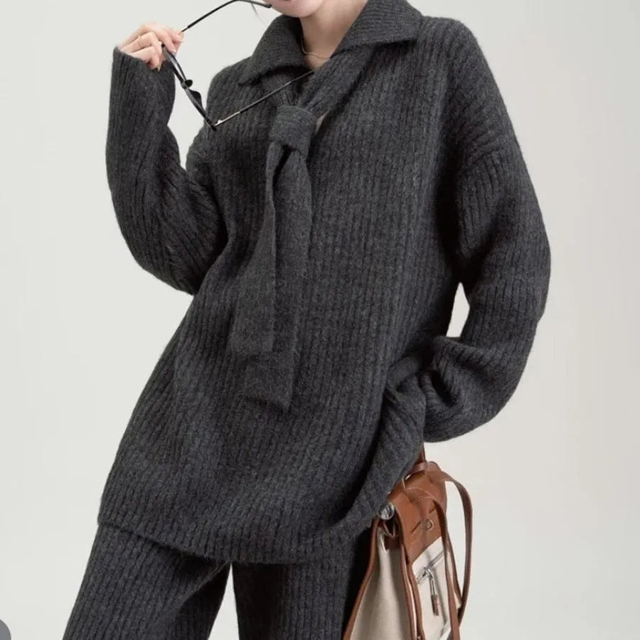 Acrylic imitation cashmere sweater suit two-piece set with collared top and trousers in beige.