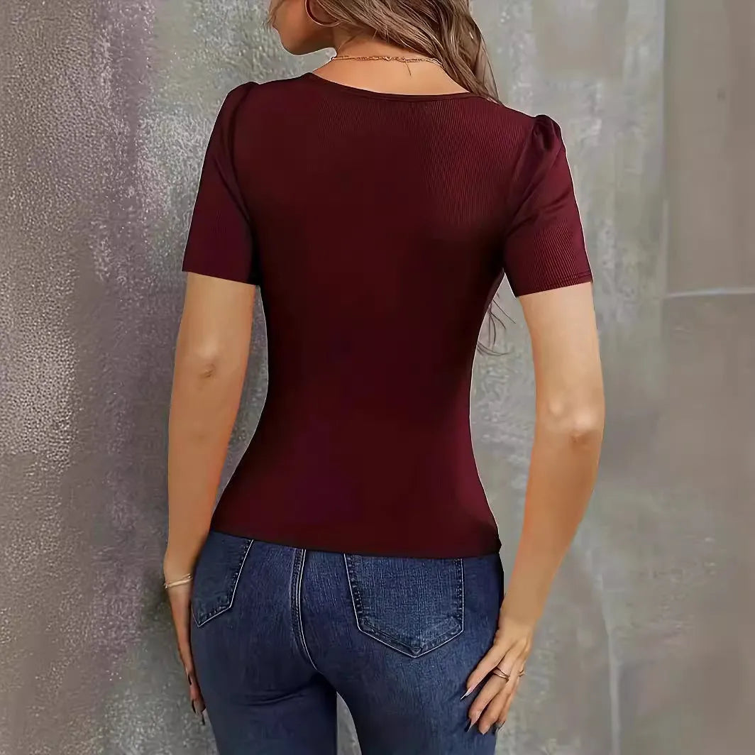 Women's wine red knitted short sleeve pullover with low-neck slim fit design