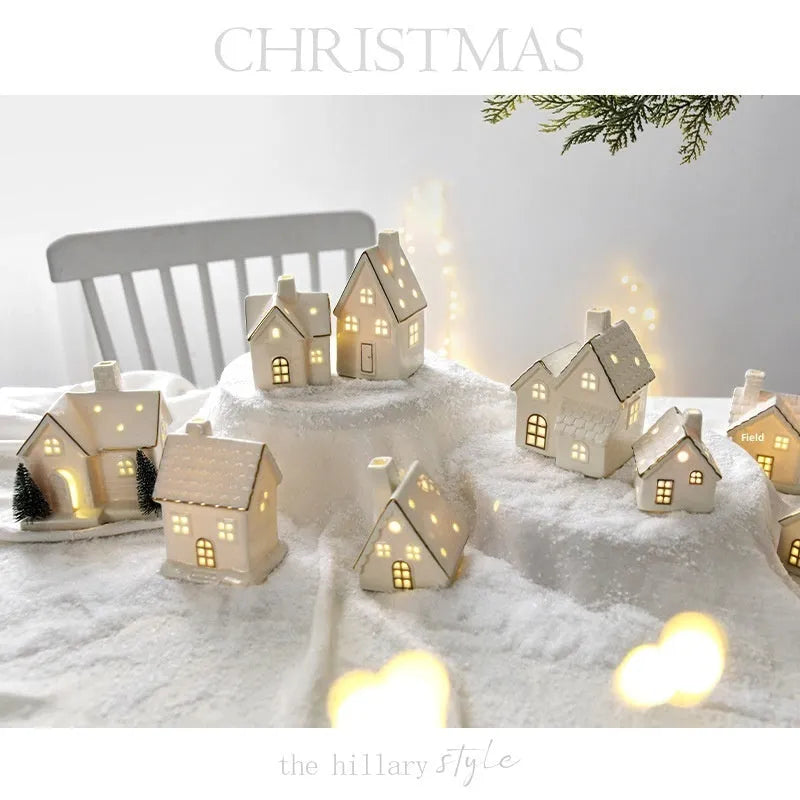 Ceramic Christmas tree house ornament in European style villa design with open door