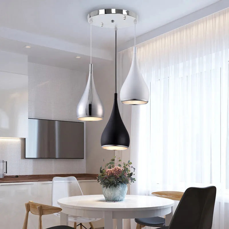 Iron restaurant chandelier ceiling lamp in black white or chrome finish with single or three head configuration