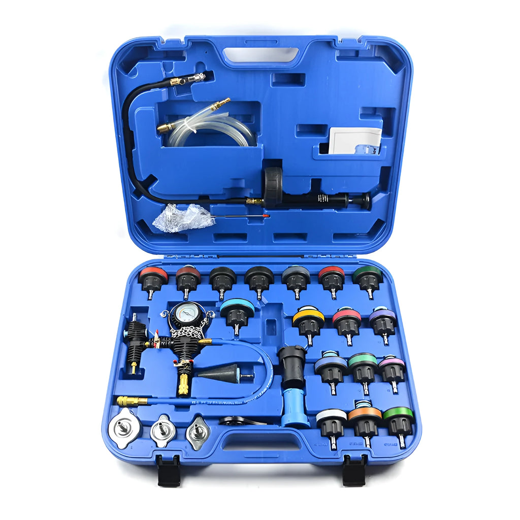 Blue 28-piece automotive radiator pressure tester kit with vacuum purge and refill tools for cooling system diagnostics