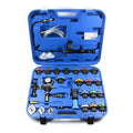 Blue 28-piece automotive radiator pressure tester kit with vacuum purge and refill tools for cooling system diagnostics