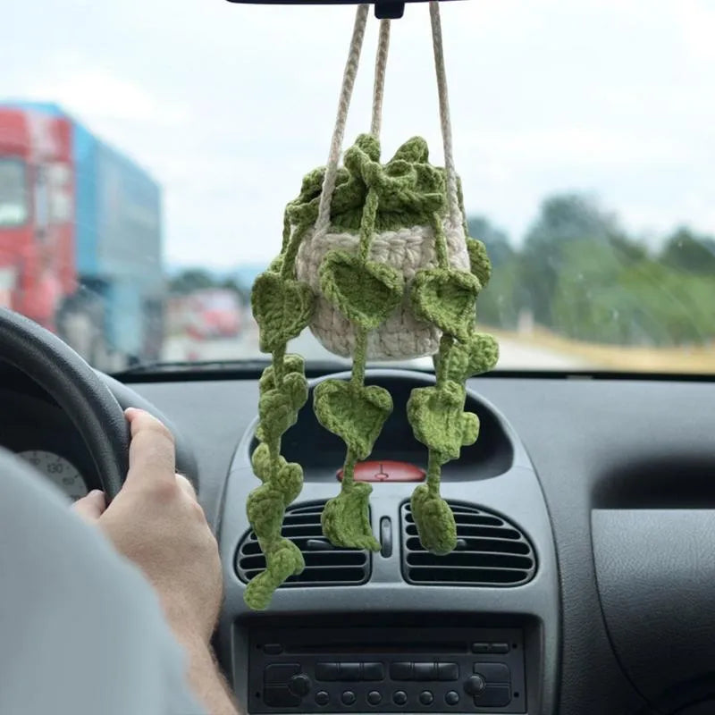 Green and white knitted wool car plant decoration with 8cm base and hanging rope