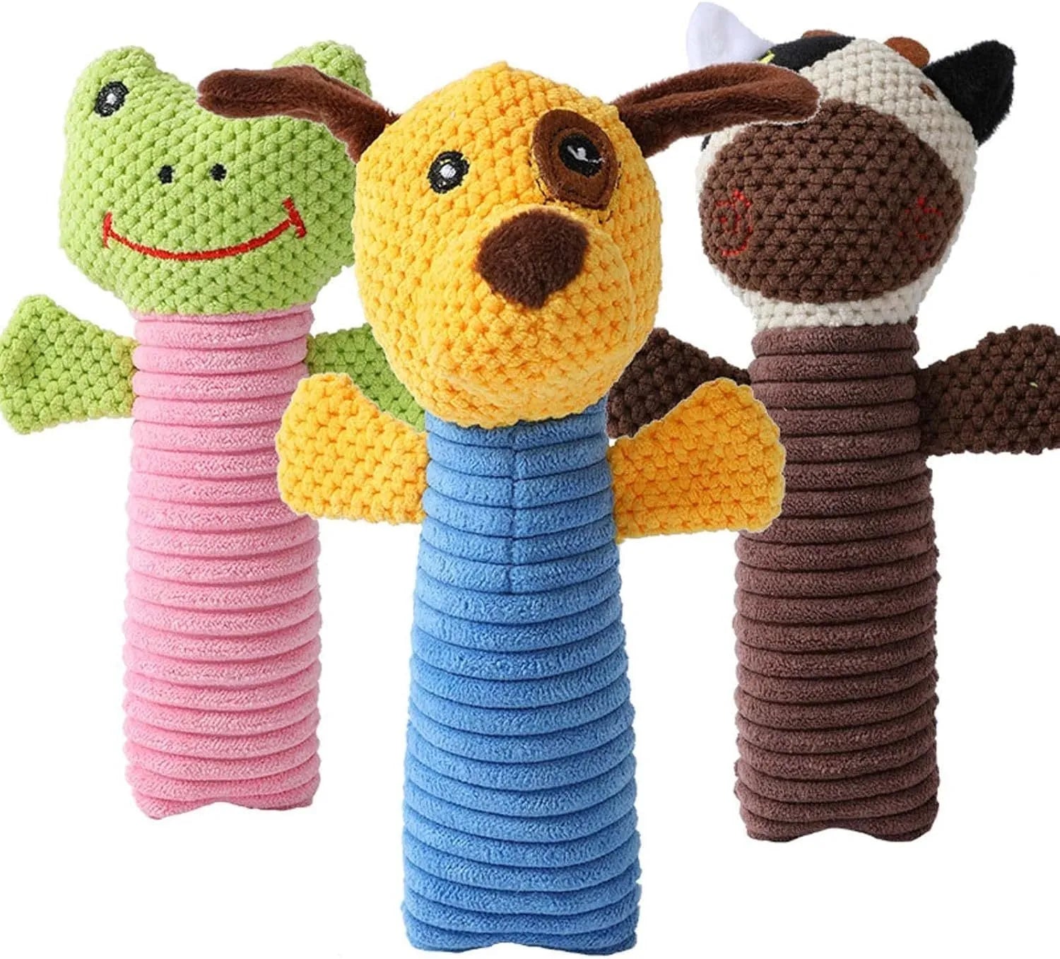 Squeaky stuffed animal dog chew toy for dental cleaning and play.