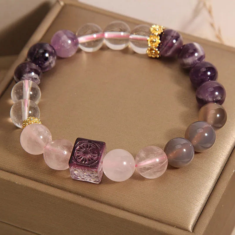 Purple natural amethyst crystal women's bracelet with 10mm rhinestones