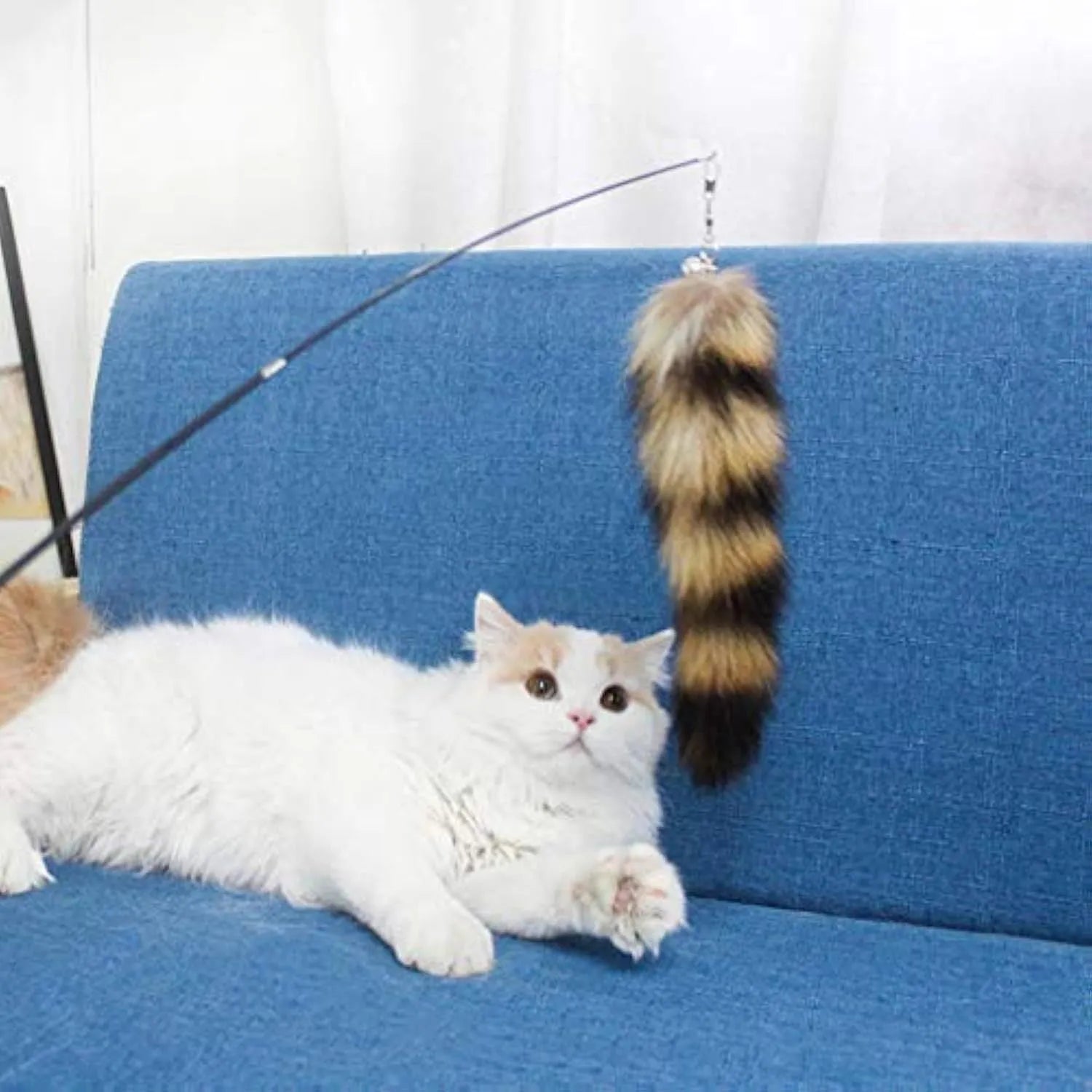 Black cat toy wand with a long elastic string and an attached teaser for interactive play.