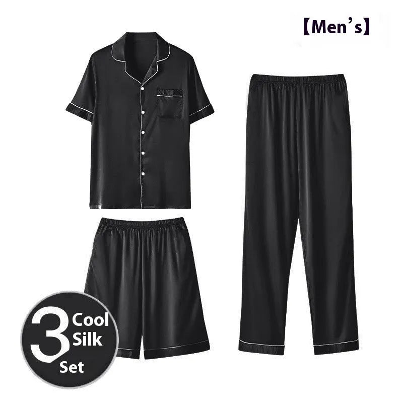 Men's ice silk three-piece home wear suit with shorts and trousers in thin material