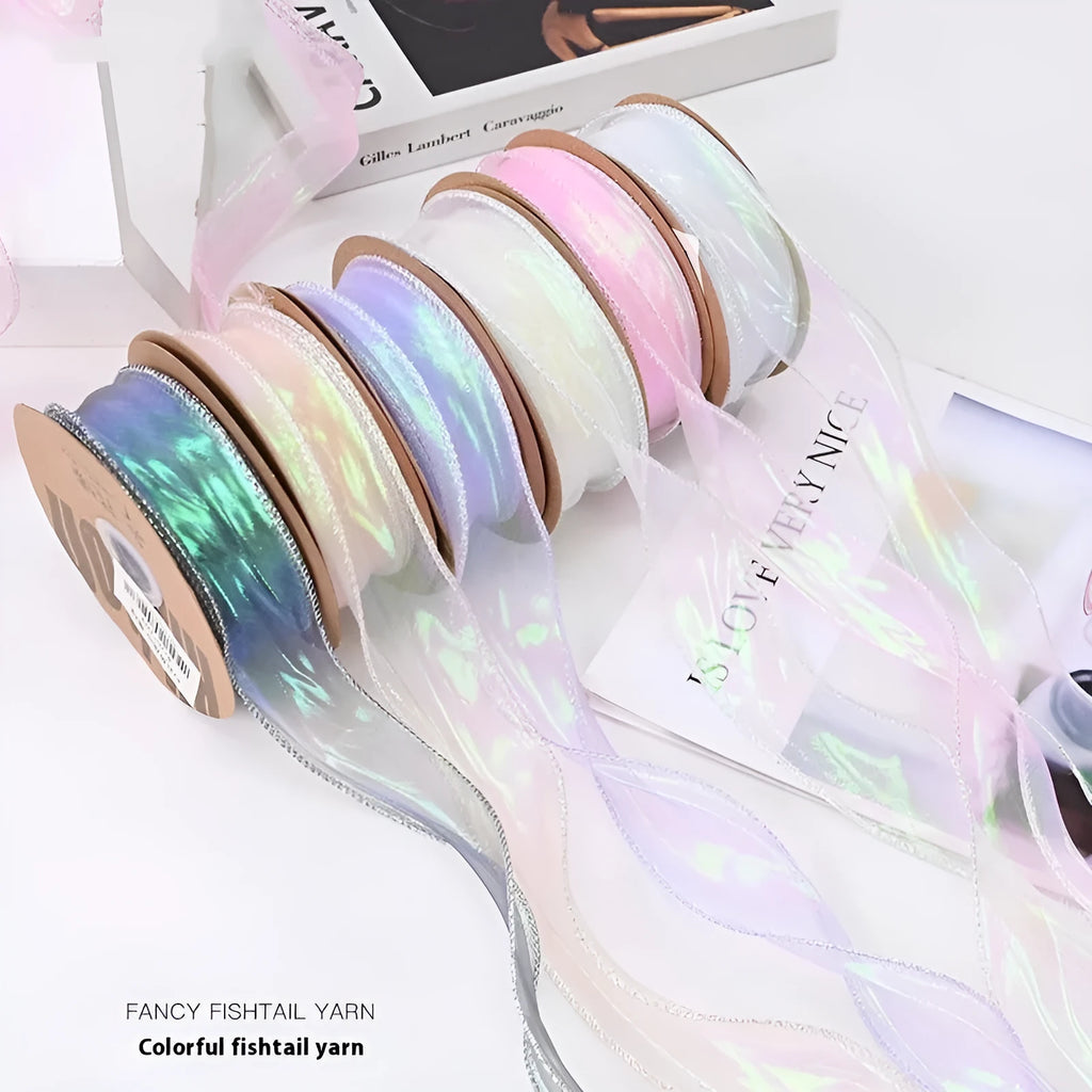 Roll of colourful fishtail yarn mesh ribbon with wave design, 4cm wide, for craft and floral use