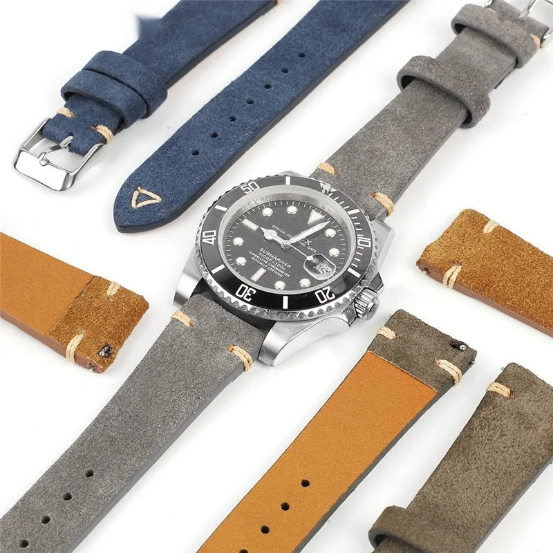 Genuine suede leather watch strap in ethnic style showing brown, blue, grey, and Army Green colour options.