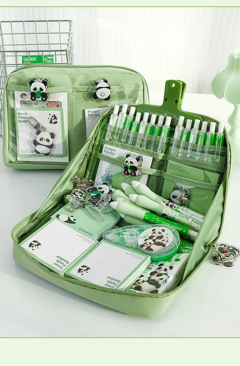 Green canvas pencil case with 12 layer compartments showing Korean style design
