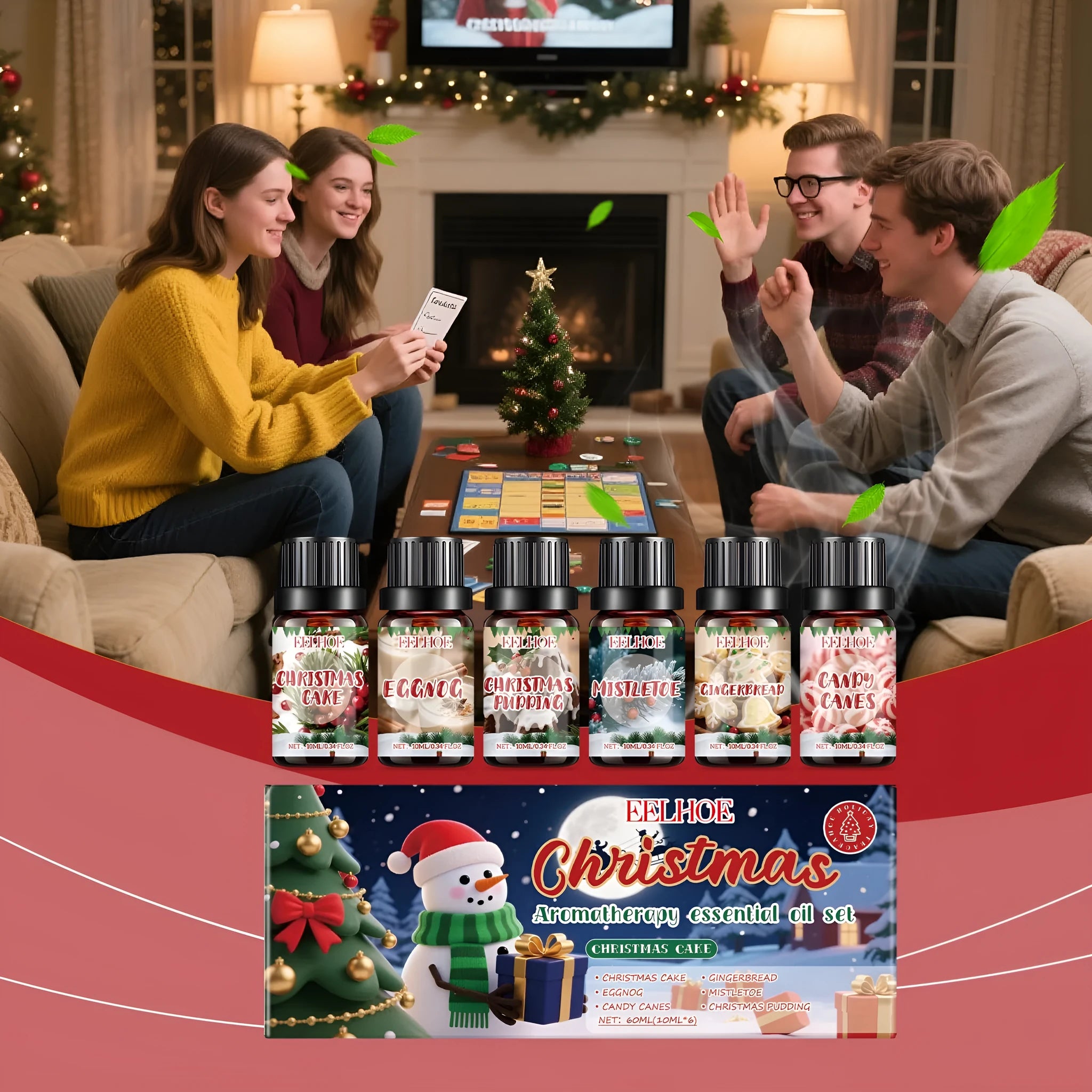 Christmas aromatherapy oil gift set showing six 10ml bottles with warm home fragrance scents