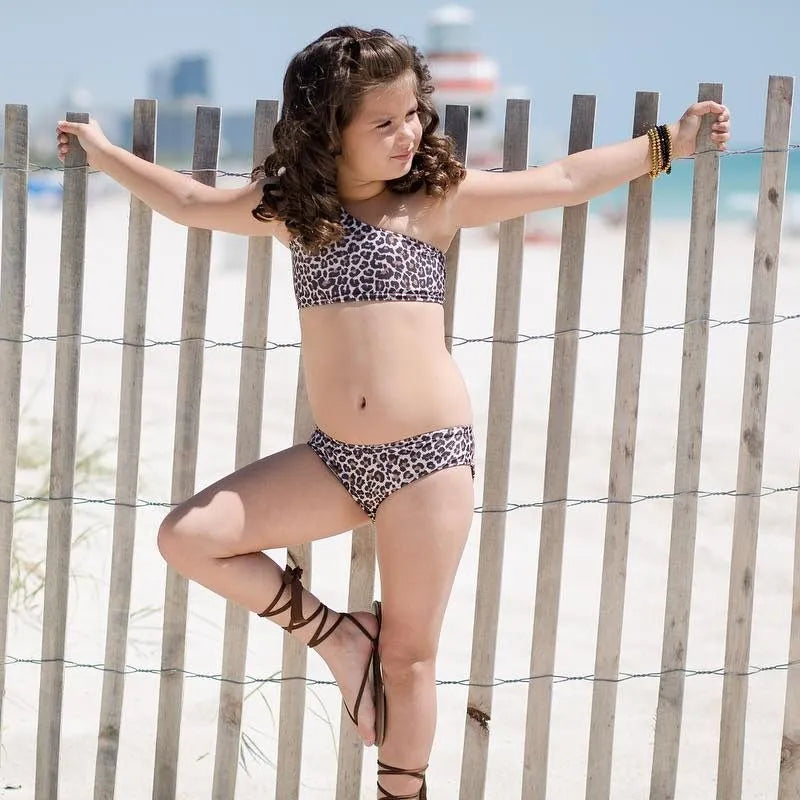 Kids baby girls leopard print one shoulder cotton blend swimsuit for summer beach pool