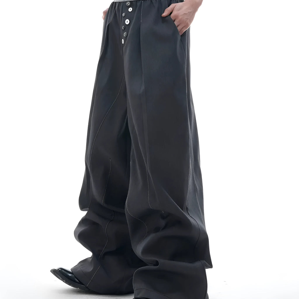 Straight-leg casual trousers with high waist and button-open line detail in black colour