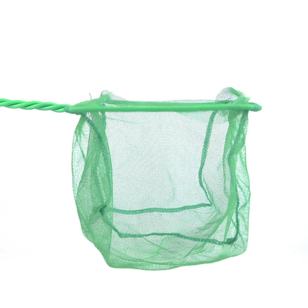 Telescopic green plastic aquarium fish net with extended handle, 3 to 12 inch sizes available
