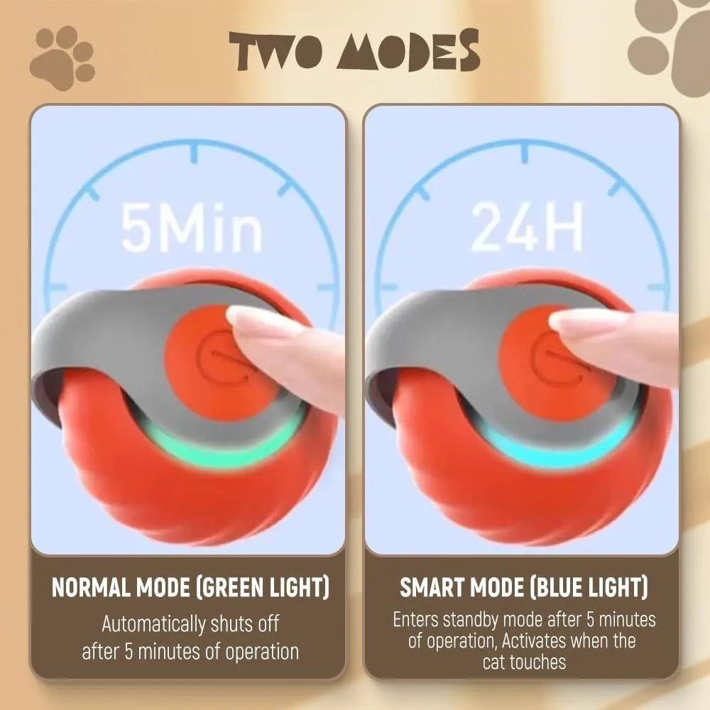 Interactive rolling ball pet toy in blue and red options showing motion-activated design for cats and dogs