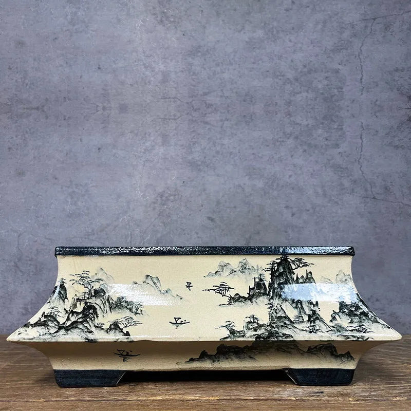 Blue and white hand drawn glazed ceramic flower pot, 34cm, handmade, Chinese style