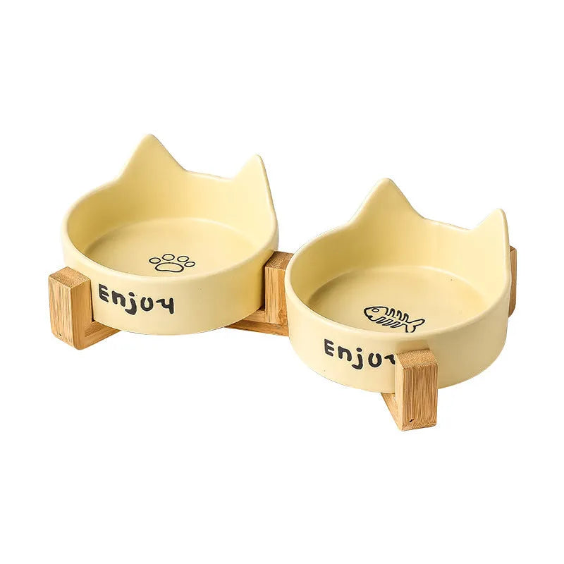 Porcelain cat bowls with wooden frame in cat ear paw design