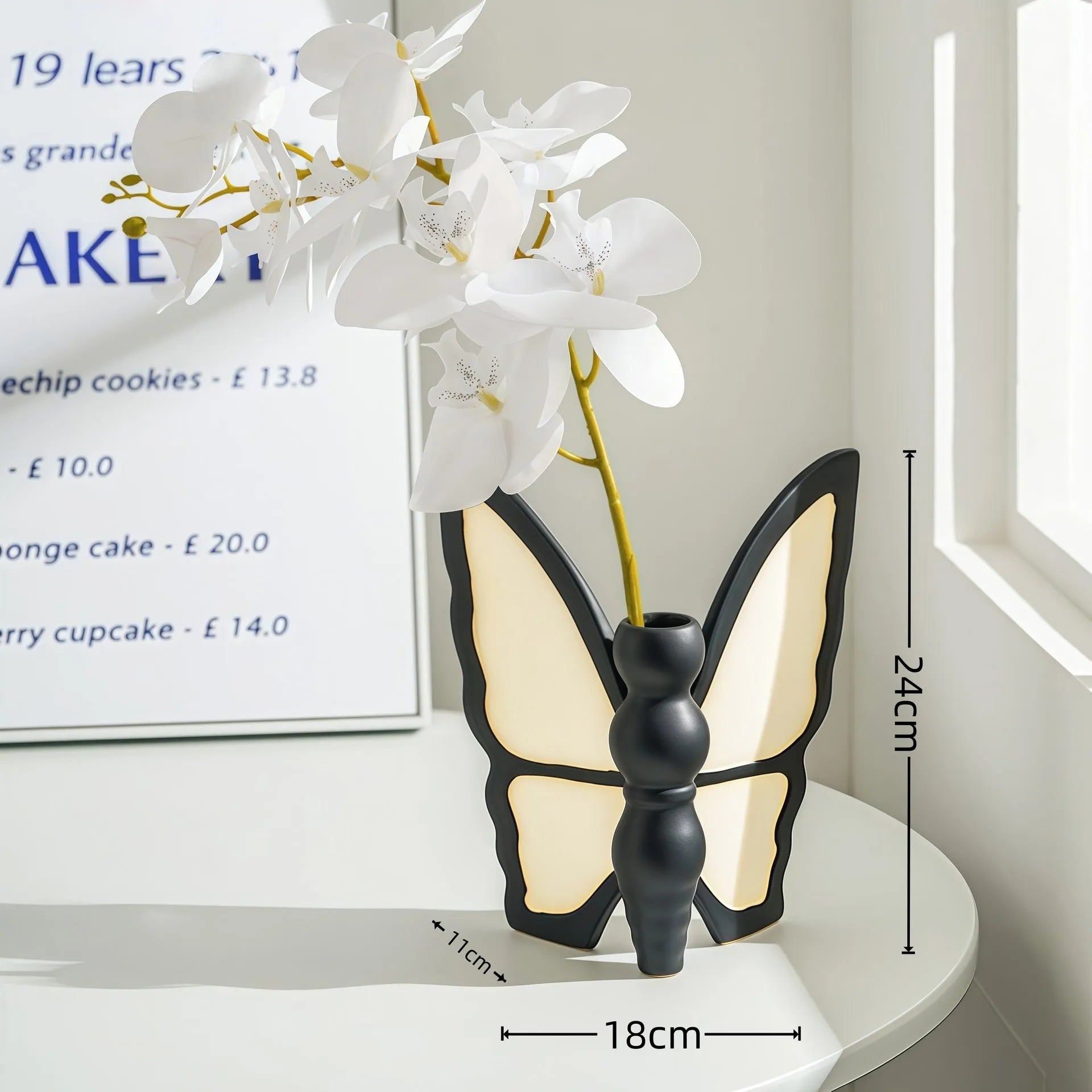 White ceramic butterfly vase and matching tissue box with waterproof coating