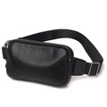 Men's small black leather crossbody bag showing compact size and crossbody strap.