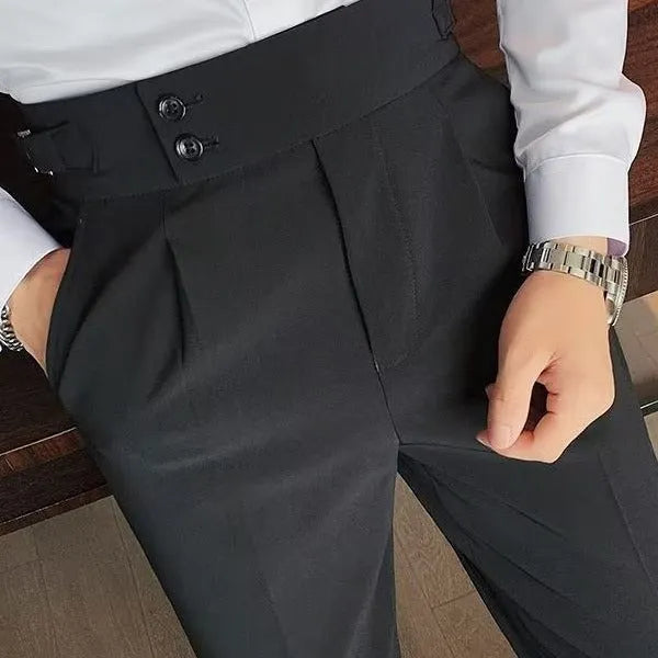 Retro high waist straight leg trousers in black, shown on a model.