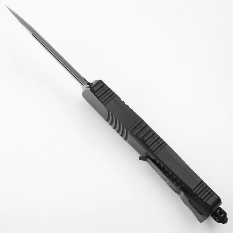 Outdoor camping tactical folding knife with D2 steel blade, black wire-drawn finish, and aviation aluminium handle
