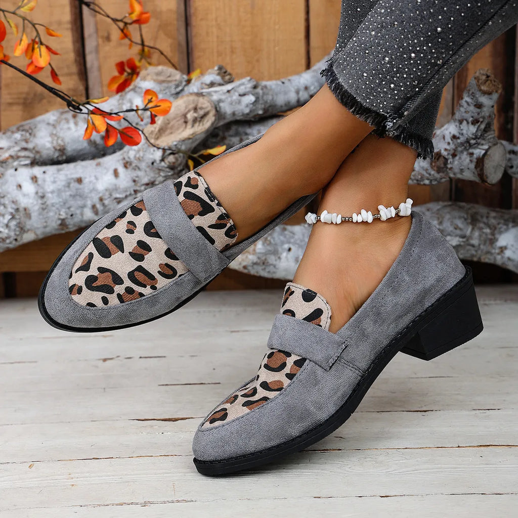 Leopard print suede slip-on casual shoes with chunky mid-heel and pointed toe
