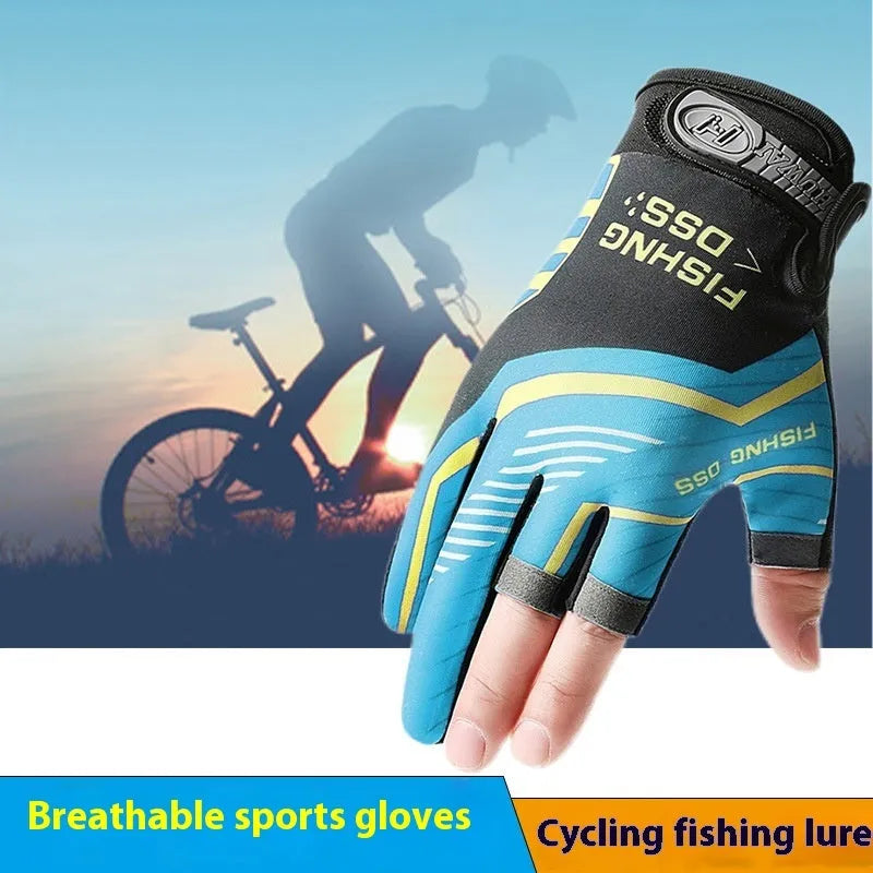 Pair of knitted sun protection windproof cycling fishing gloves in Cool Blue Black Blue