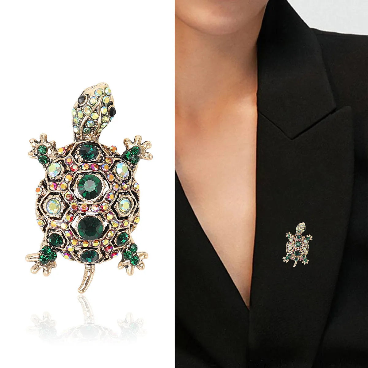 Retro style turtle brooch with rhinestone detailing in blue, green, or red colour options