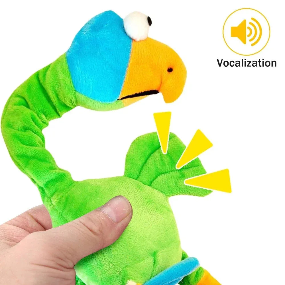 Black, green, and orange screaming chicken sound squeaky dog chew toy.