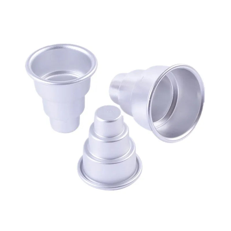 Silver aluminium alloy three-layer cake mould set with large, medium, and small size options for baking