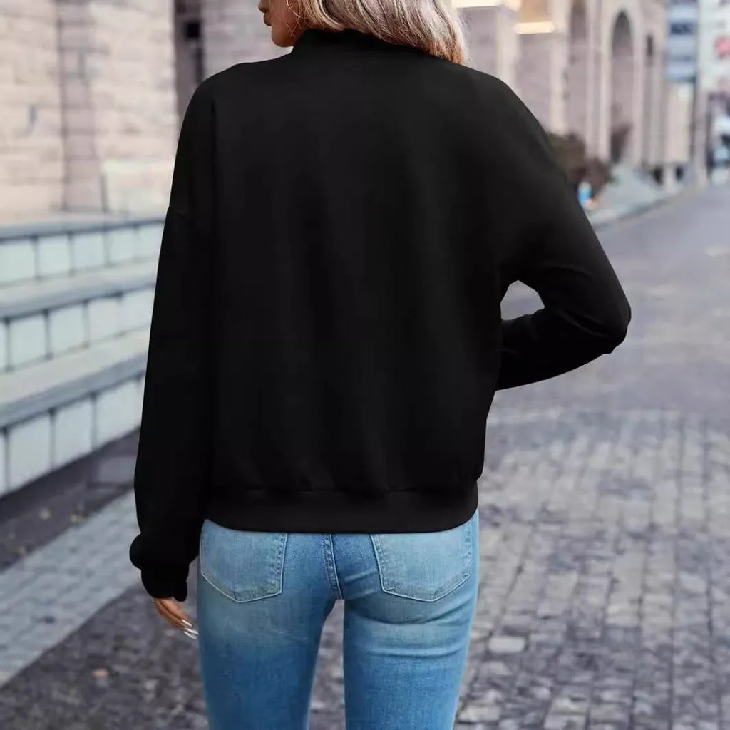 Black women's faux pocket zip jacket with long sleeves for autumn winter casual wear