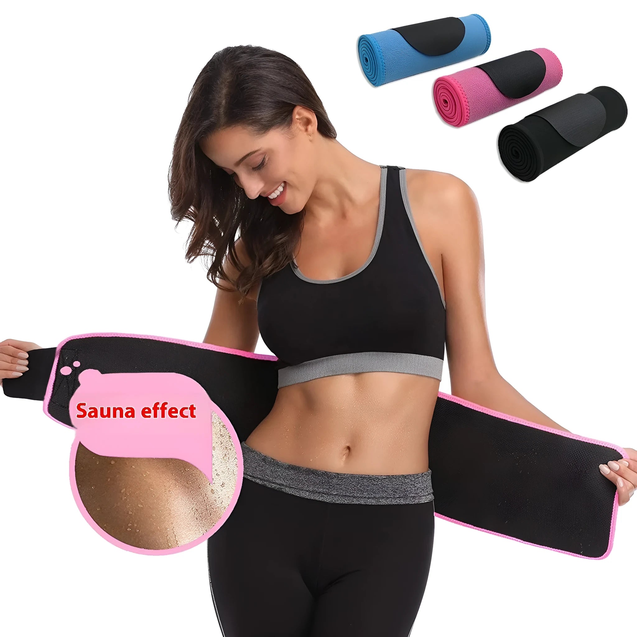Black neoprene lumbar support waist belt for fitness and running.