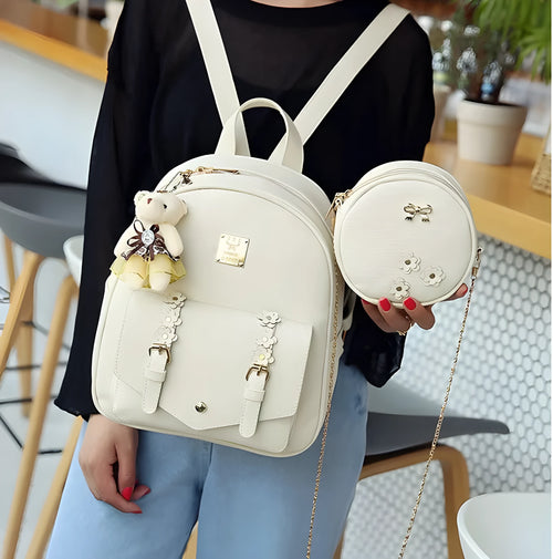 Three-piece PU leather backpack set for teenage girls in four colours with floral detailing