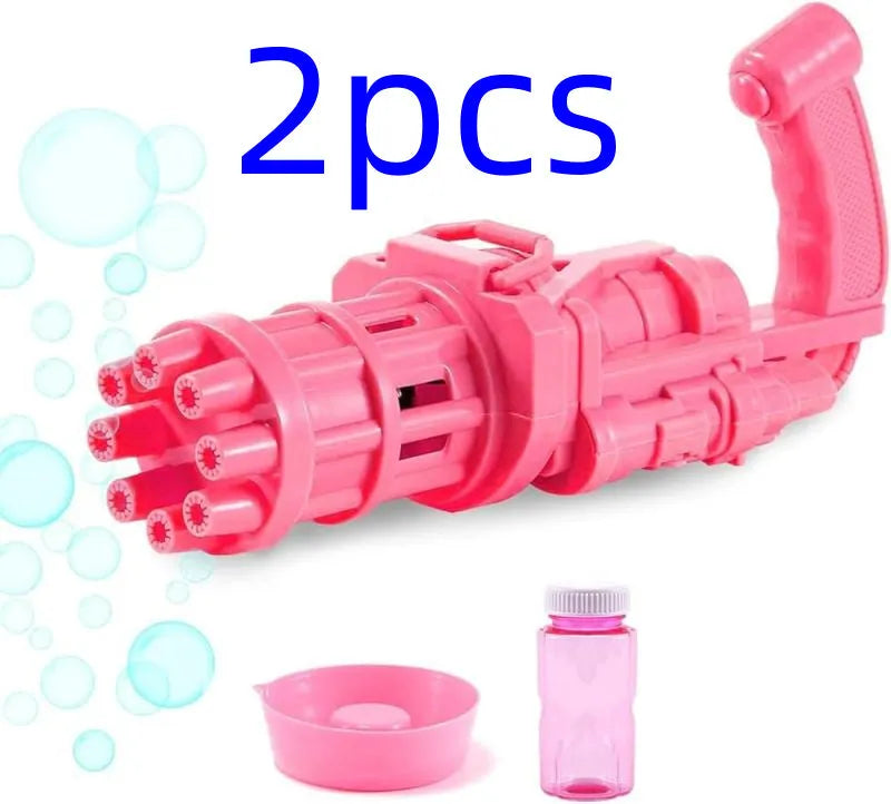 Children's ABS plastic bubble gun machine in pink with trigger and bubble head, used as a toy for outdoor parties