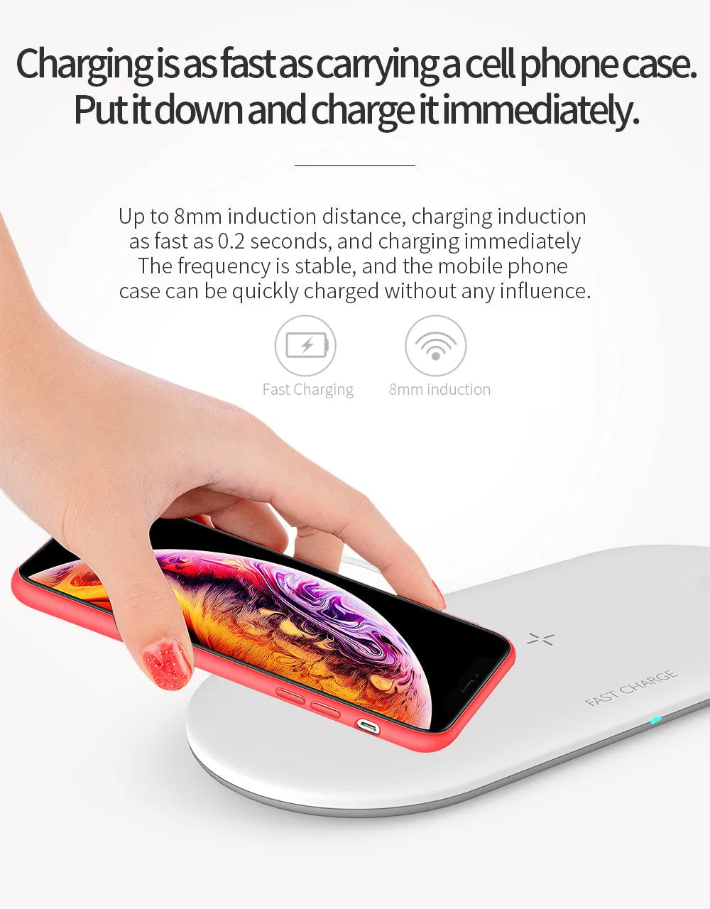White three-in-one wireless charging station for Apple iPhone, watch, and headphones on a desk.