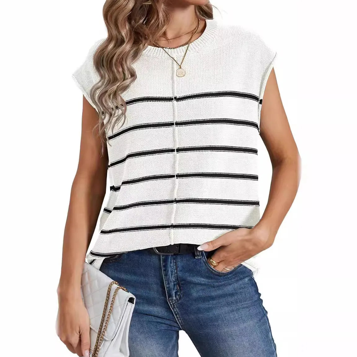 A woman's striped sleeveless pullover vest in acrylic fabric on a hanger, showing bone stitch detailing.