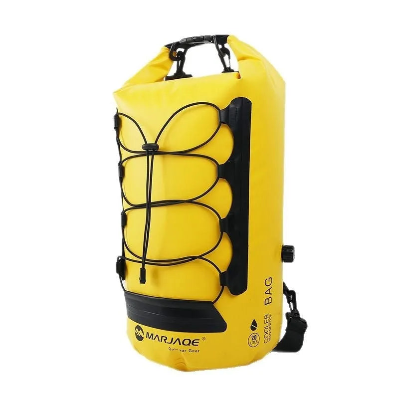 20-litre yellow and black waterproof camping backpack with dry-wet separation compartments for water sports