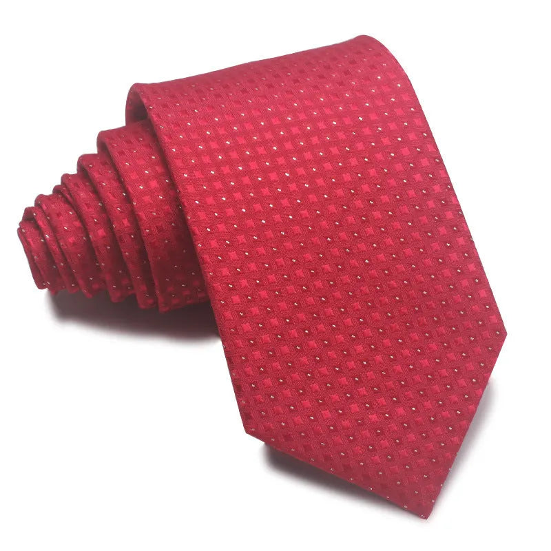 Red, black and blue striped business tie with jacquard pattern and arrow shape