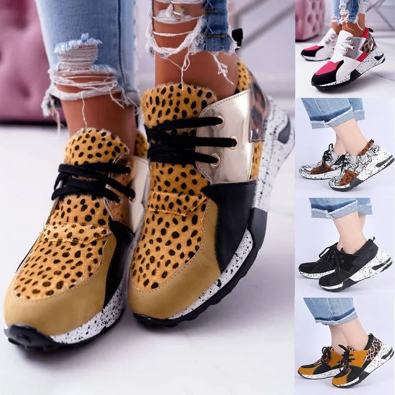 Women's suede casual sneakers with a wedge sole in leopard print colour.