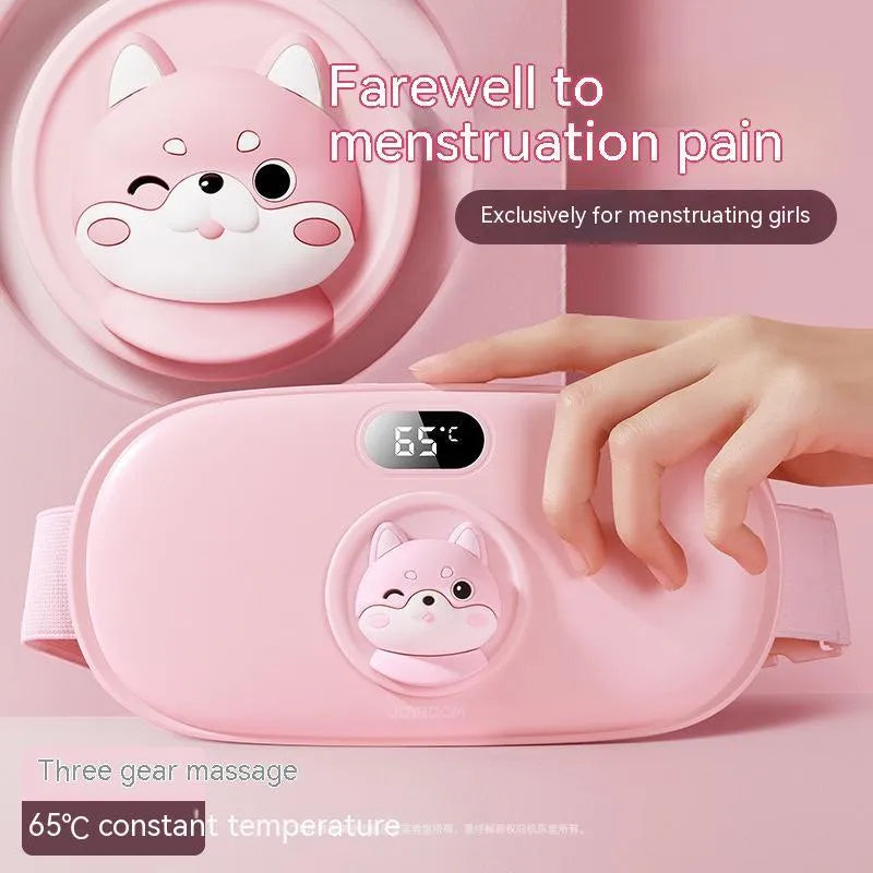 Rechargeable stomach heating pad with cute cat beige flannel cover showing 2000mAh battery and 45-65°C adjustable temperature
