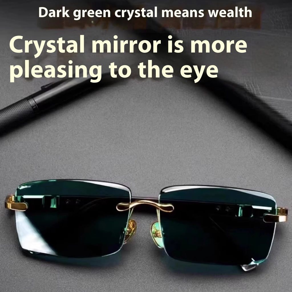 Frameless dark green crystal sunshade glasses with a glasses case and lens cloth