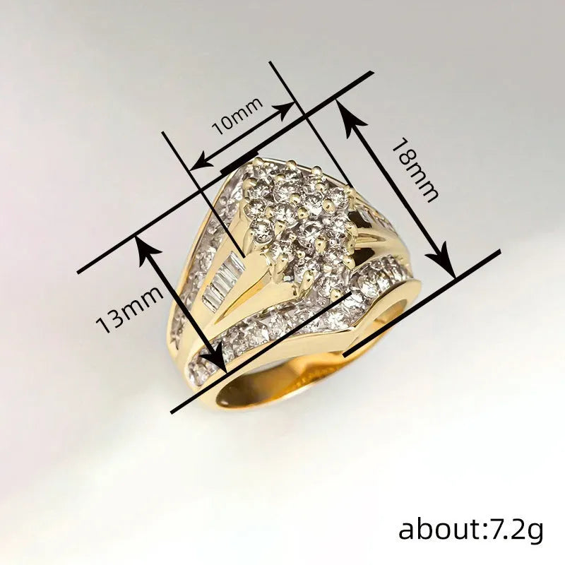 Gold electroplated copper heavy industry ring with geometric palace style design on finger