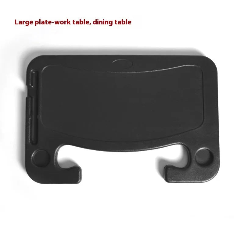 Large black portable car tray with foldable cup holder placed over a steering wheel