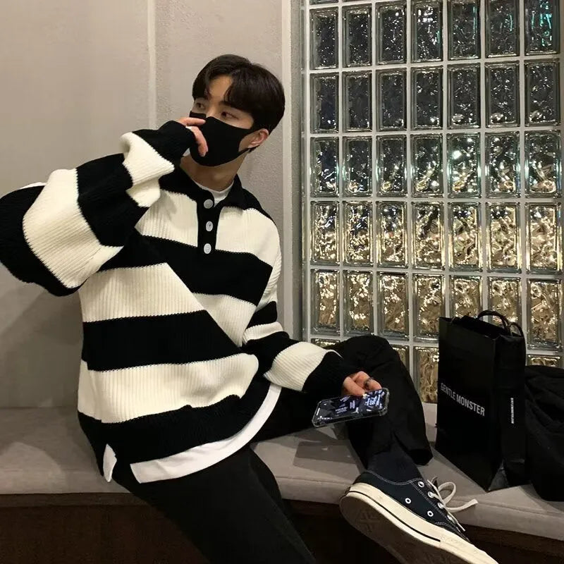 Men's loose striped sweater coat in black and grey colours with pullover design