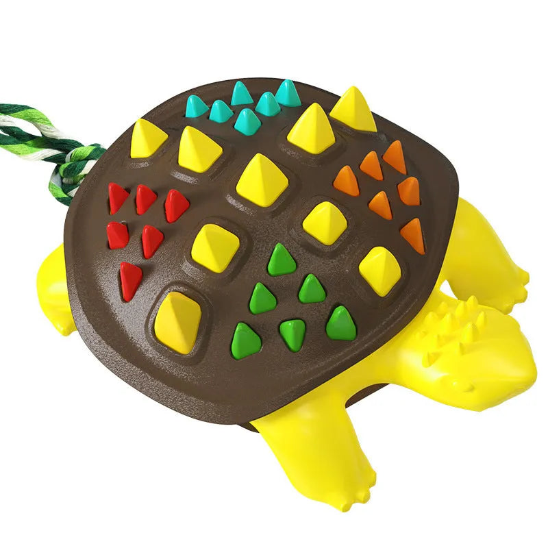 Mint-flavoured dinosaur knot dog chew toy made from natural rubber, shown in blue and chocolate colour.